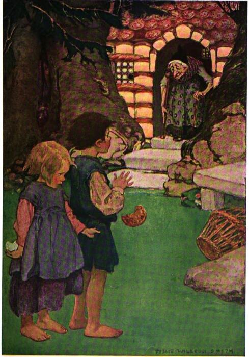 Eine Zeichnung von Hänsel und Gretel und der Hexe, die aus dem Lebkuchenhaus heraus schaut.