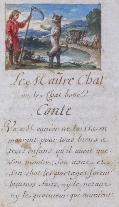 Eine Originalseite aus dem Märchen "Der gestiefelte Kater" mit Schrift und Illustration.